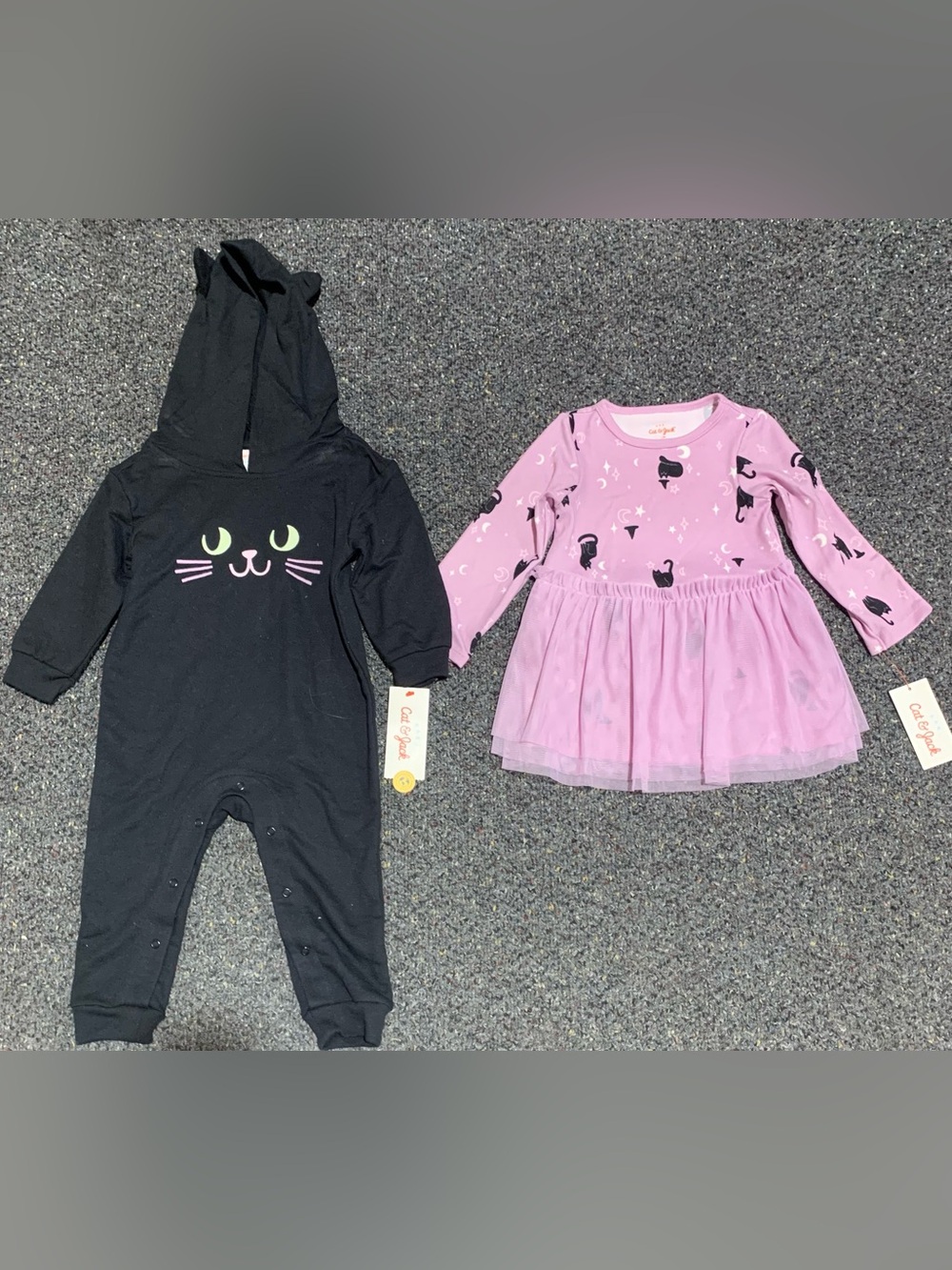 Bundle 18 month Halloween themed Black cat hooded romper with ears and Purple an
